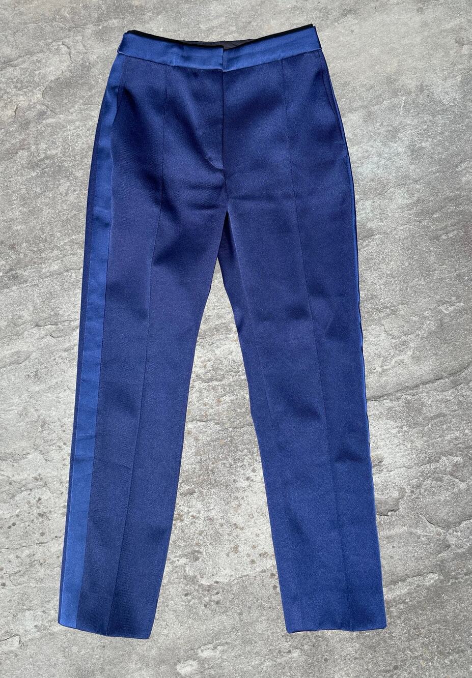 Sandro Smoky Navy Blue Satin Stripe Tuxedo Pants Trousers Tailored Size XXS ✨